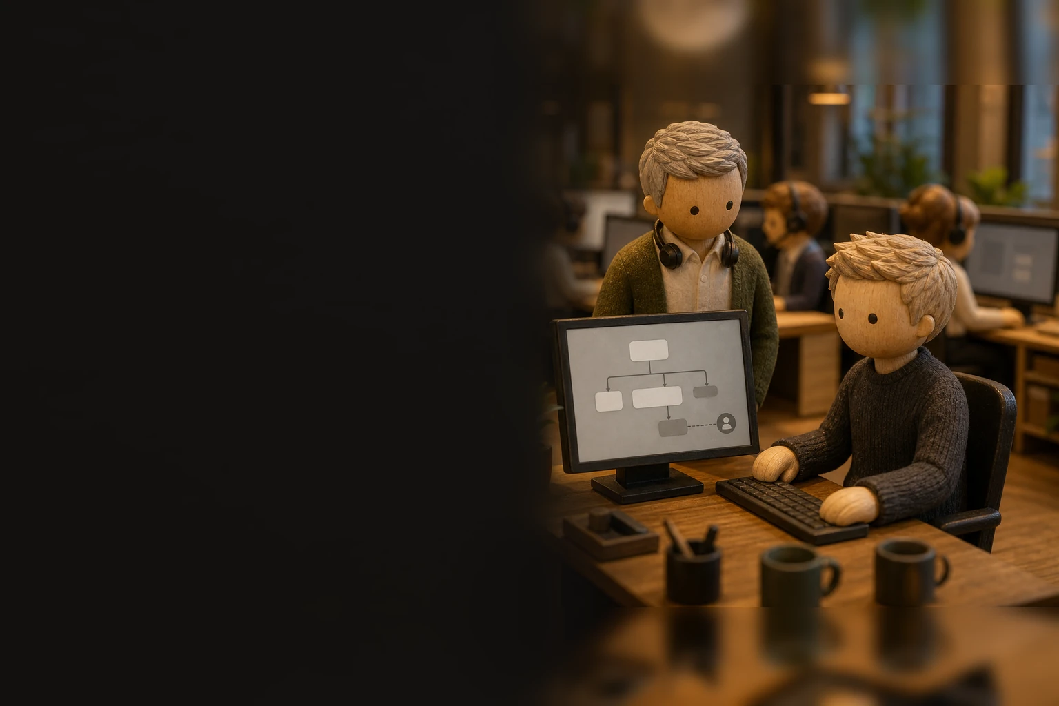 Carved wooden figures: a consultant works on a laptop in a closed restaurant while the owner looks on.