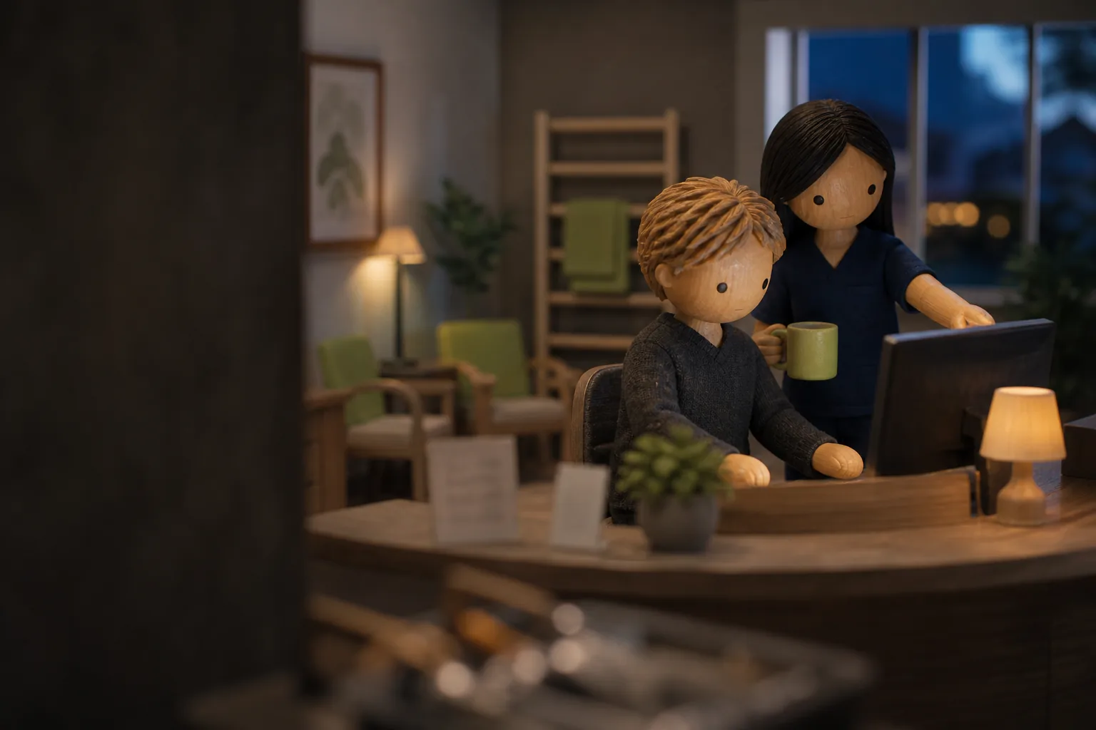 Carved wooden figures: a consultant at a clinic reception computer while the office manager points at the screen.