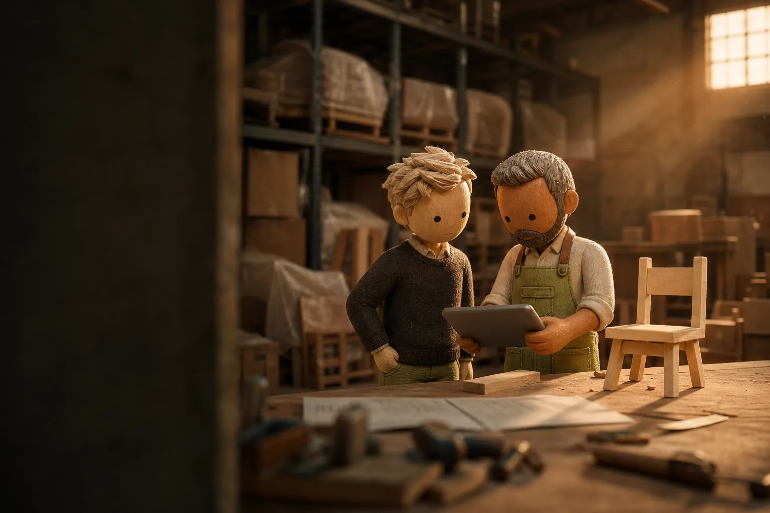 Carved wooden figures: a consultant and a workshop owner look at a tablet at a workbench in a furniture warehouse.